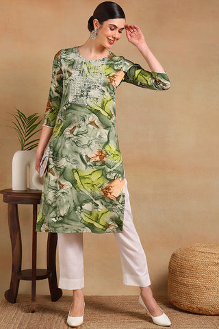 Green Cotton Abstract Print & Embroidered Straight Shape Kurta