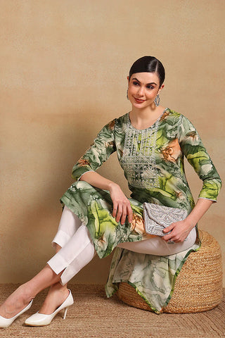 Green Cotton Abstract Print & Embroidered Straight Shape Kurta