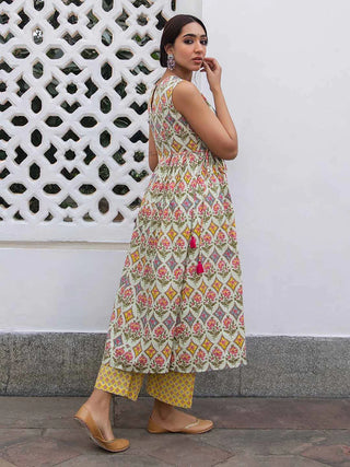 Light Green Cotton Ethnic Motif Side Pleated Kurta Bottom Set