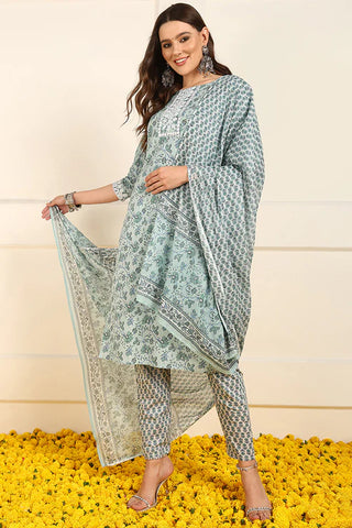 Green & White Cotton Floral Print Straight Shape Suit Set with Dupatta