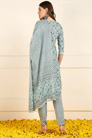 Green & White Cotton Floral Print Straight Shape Suit Set with Dupatta