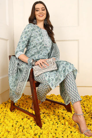 Green & White Cotton Floral Print Straight Shape Suit Set with Dupatta