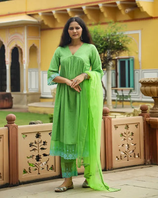 Green Cotton Lace Detailing Suit Set with Net Dupatta