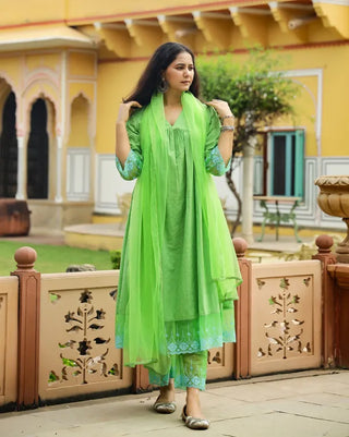 Green Cotton Lace Detailing Suit Set with Net Dupatta