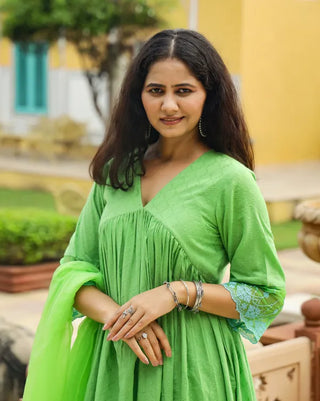 Green Cotton Lace Detailing Suit Set with Net Dupatta