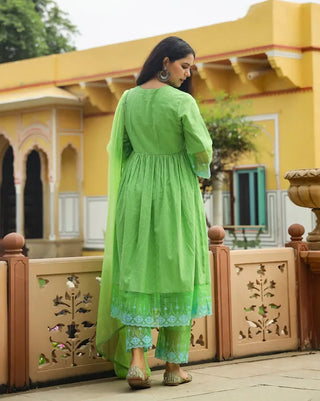Green Cotton Lace Detailing Suit Set with Net Dupatta