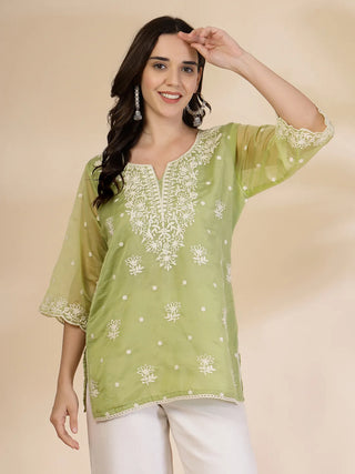 Green Organza Thread Work Embroidered Short Kurta