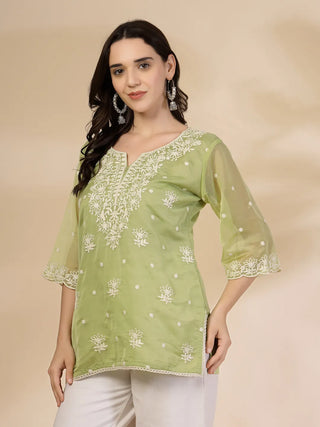 Green Organza Thread Work Embroidered Short Kurta