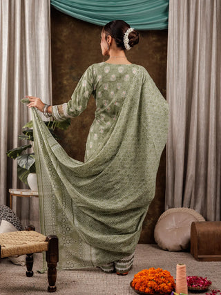 Green Cotton Ethnic Motif & Lace Detailing Straight Shape Suit Set with Voile Dupatta