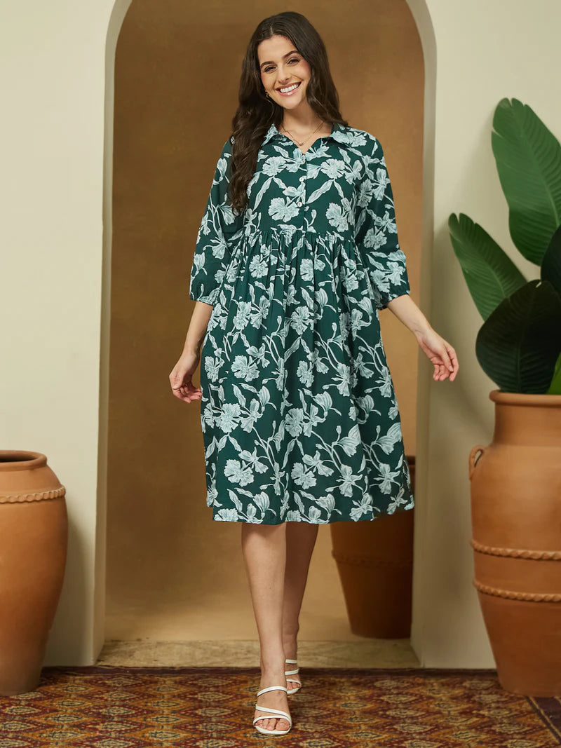 Green Cotton Floral Print Dress Green Cotton Floral Print Dress