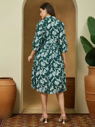 Green Cotton Floral Print Dress