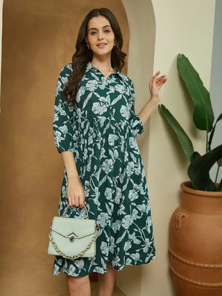 Green Cotton Floral Print Dress