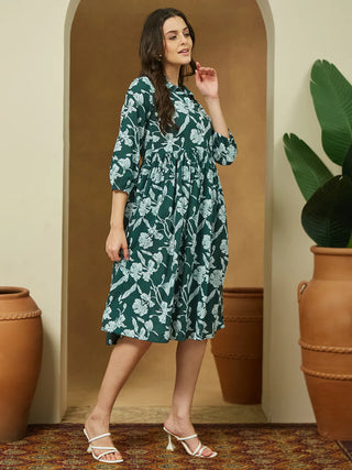 Green Cotton Floral Print Dress