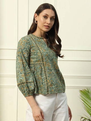 Green Cotton Floral Print Top