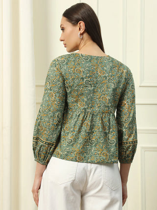 Green Cotton Floral Print Top