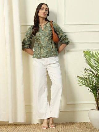 Green Cotton Floral Print Top