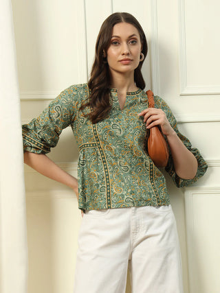 Green Cotton Floral Print Top