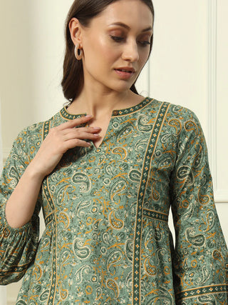 Green Cotton Floral Print Top