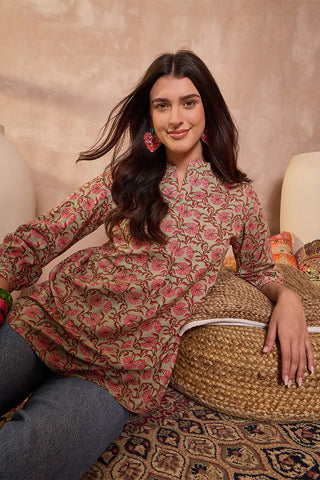 Green Cotton Regular Style Floral Print Kurta