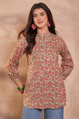 Green Cotton Regular Style Floral Print Kurta