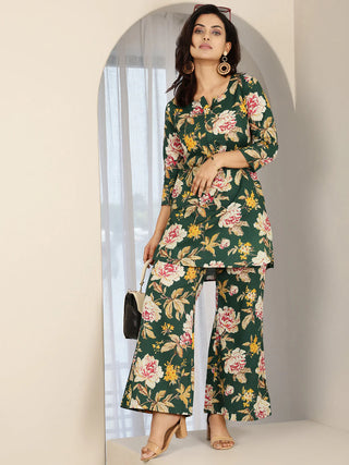 Green Pure Cotton Floral Print Kurta Bottom Set