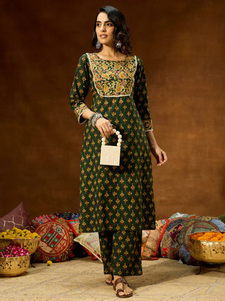 Green Cotton Floral Print Kurta Bottom Set