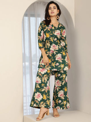 Green Pure Cotton Floral Print Kurta Bottom Set