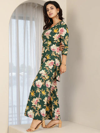Green Pure Cotton Floral Print Kurta Bottom Set