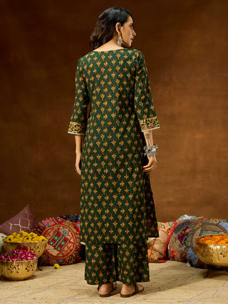 Green Cotton Floral Print Kurta Bottom Set