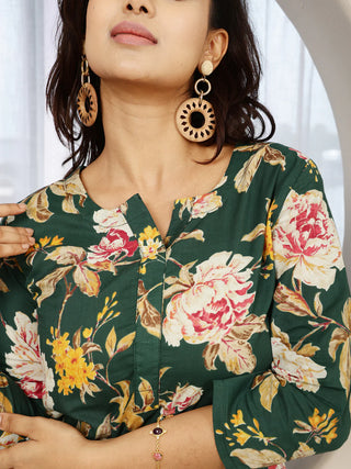 Green Pure Cotton Floral Print Kurta Bottom Set
