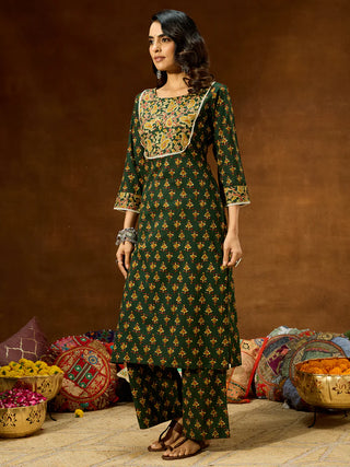 Green Cotton Floral Print Kurta Bottom Set