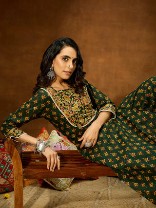 Green Cotton Floral Print Kurta Bottom Set
