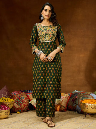 Green Cotton Floral Print Kurta Bottom Set
