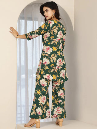 Green Pure Cotton Floral Print Kurta Bottom Set