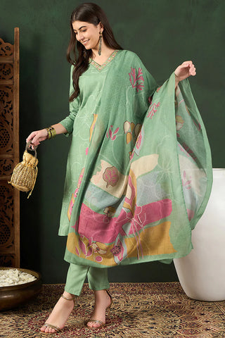 Green Rayon Blend Floral Print Straight Shape Suit Set with Dupatta