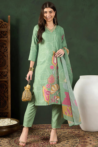 Green Rayon Blend Floral Print Straight Shape Suit Set with Dupatta