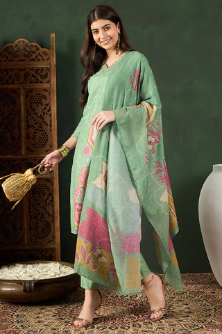 Green Rayon Blend Floral Print Straight Shape Suit Set with Dupatta