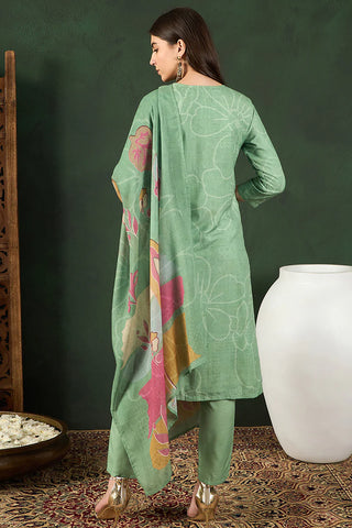 Green Rayon Blend Floral Print Straight Shape Suit Set with Dupatta