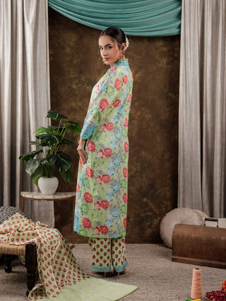 Green Cotton Floral Print & Lace Work Suit Set with Voile Dupatta