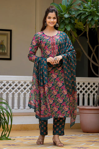 Green Rayon Blend Printed Straight Shape Suit Set with Dupatta