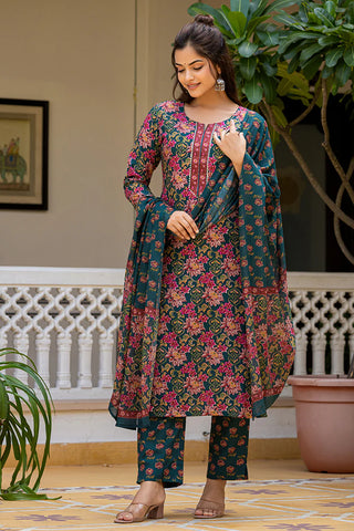 Green Rayon Blend Printed Straight Shape Suit Set with Dupatta