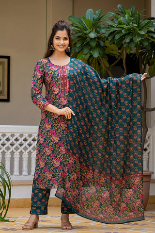 Green Rayon Blend Printed Straight Shape Suit Set with Dupatta