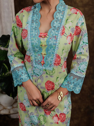 Green Cotton Floral Print & Lace Work Suit Set with Voile Dupatta