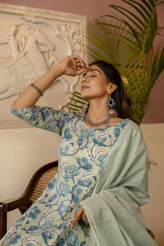 Green Pure Cotton Floral Printed Suit Set with Dupatta