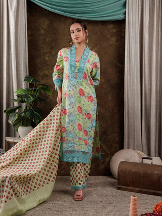 Green Cotton Floral Print & Lace Work Suit Set with Voile Dupatta