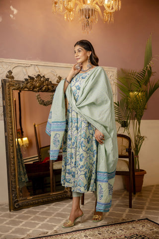 Green Pure Cotton Floral Printed Suit Set with Dupatta