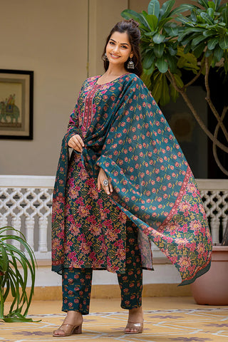 Green Rayon Blend Printed Straight Shape Suit Set with Dupatta