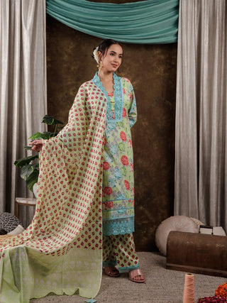 Green Cotton Floral Print & Lace Work Suit Set with Voile Dupatta