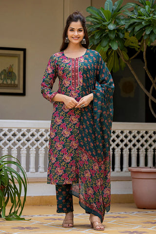 Green Rayon Blend Printed Straight Shape Suit Set with Dupatta