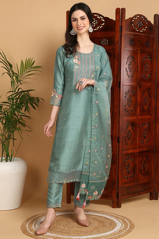 Teal Green Silk Blend Floral Yoke Design Straight Shape Suit Set with Dupatta